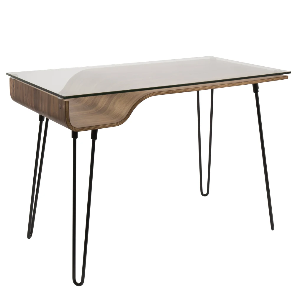 

Mid-Century Modern Desk in Walnut Wood, Clear Glass, and Black Metal