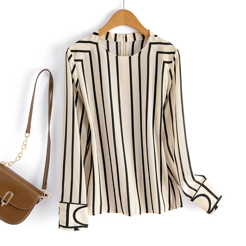 

100% Silk Blouse Casual Style Stripe Classic Design Pullover O Neck Long Sleeves Office Tops Elegant Style New Fashion