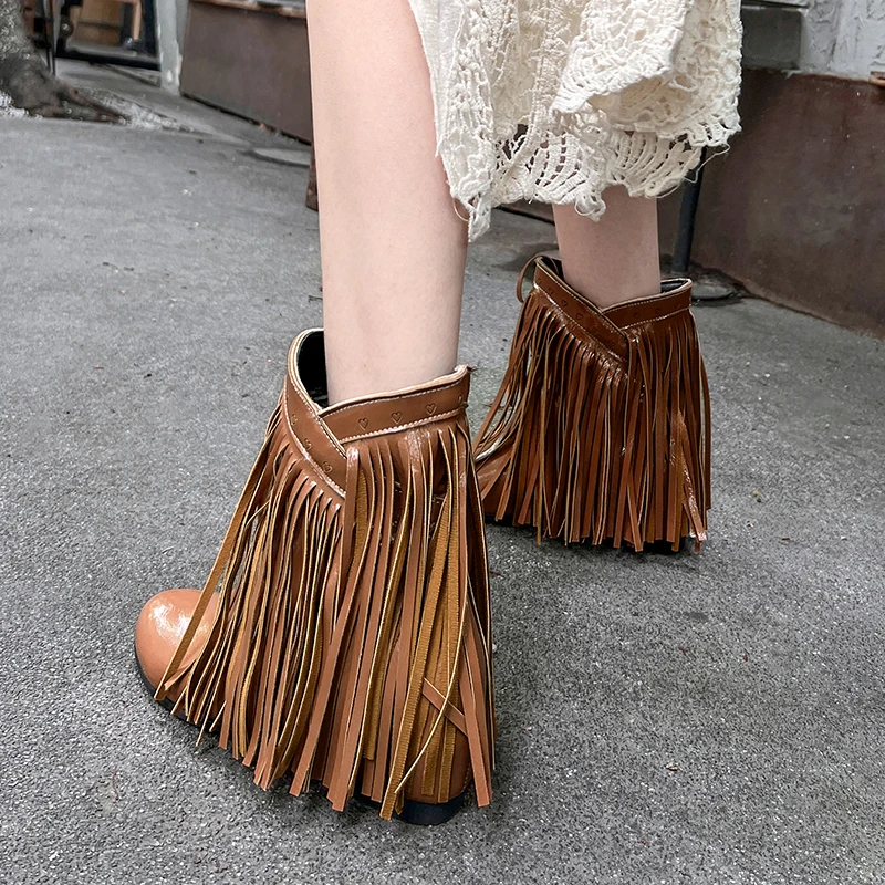 2023 Winter New Tassel Women's Boots Round Toe Inner High Solid Casual Shoes Versatile Classic Nightclub Fashion Short Boots