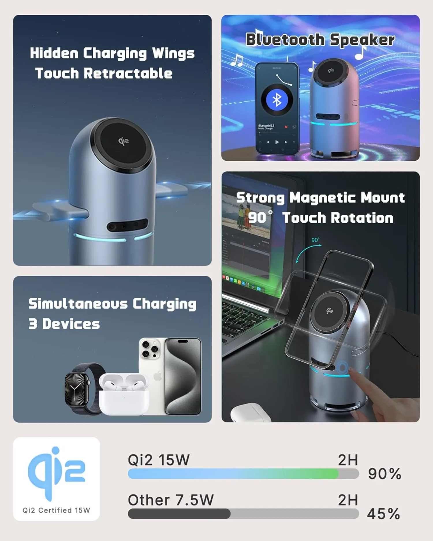 qi2 15W Magnetic Wireless Charger 3 in 1 Charge Stand With Bluetooth Sperker For iPhone 17~12 Apple Watch Airpods Fast Charging