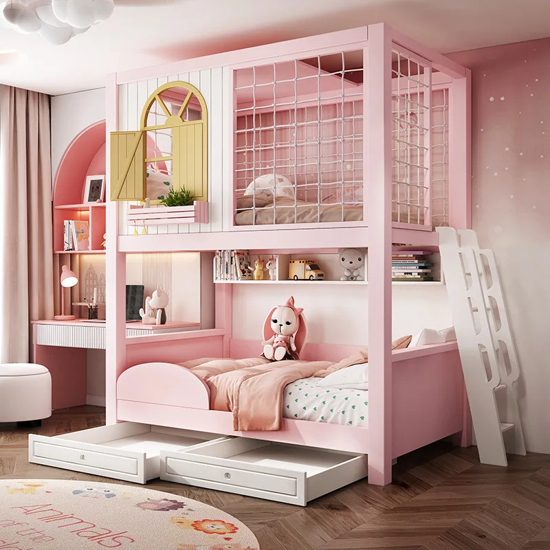 Children's furniture full solid wood two layers of wooden beds for girls double-decked high and low beds master and mother bed