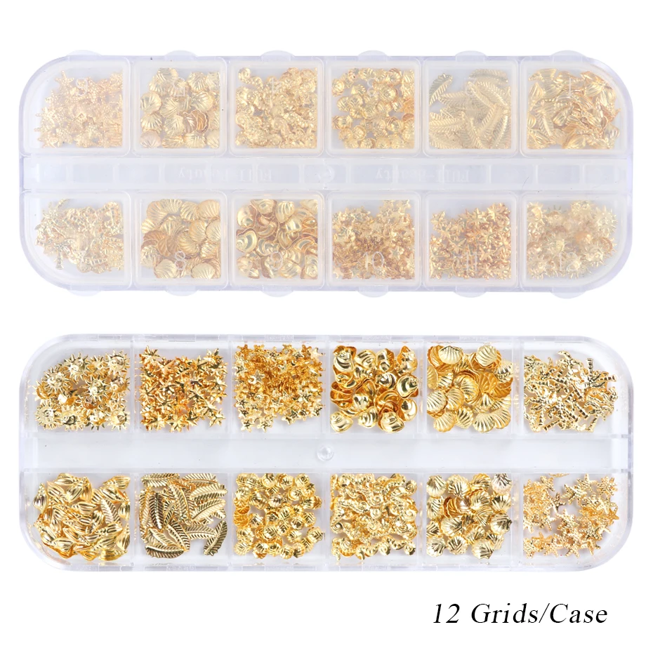 12 Gitter Gold Nail Art Legierung Nieten Meer 3D Dekorationen Muschel Stern Nagel Charm Metallrahmen Nieten Nagel Pailletten Zubehör – Detail 6