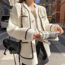 

SONDR Women Cardigan Lazy Korean Style Retro White Fashion Cardigan Loose Round Neck Knitted Black Sweater Ladies Top