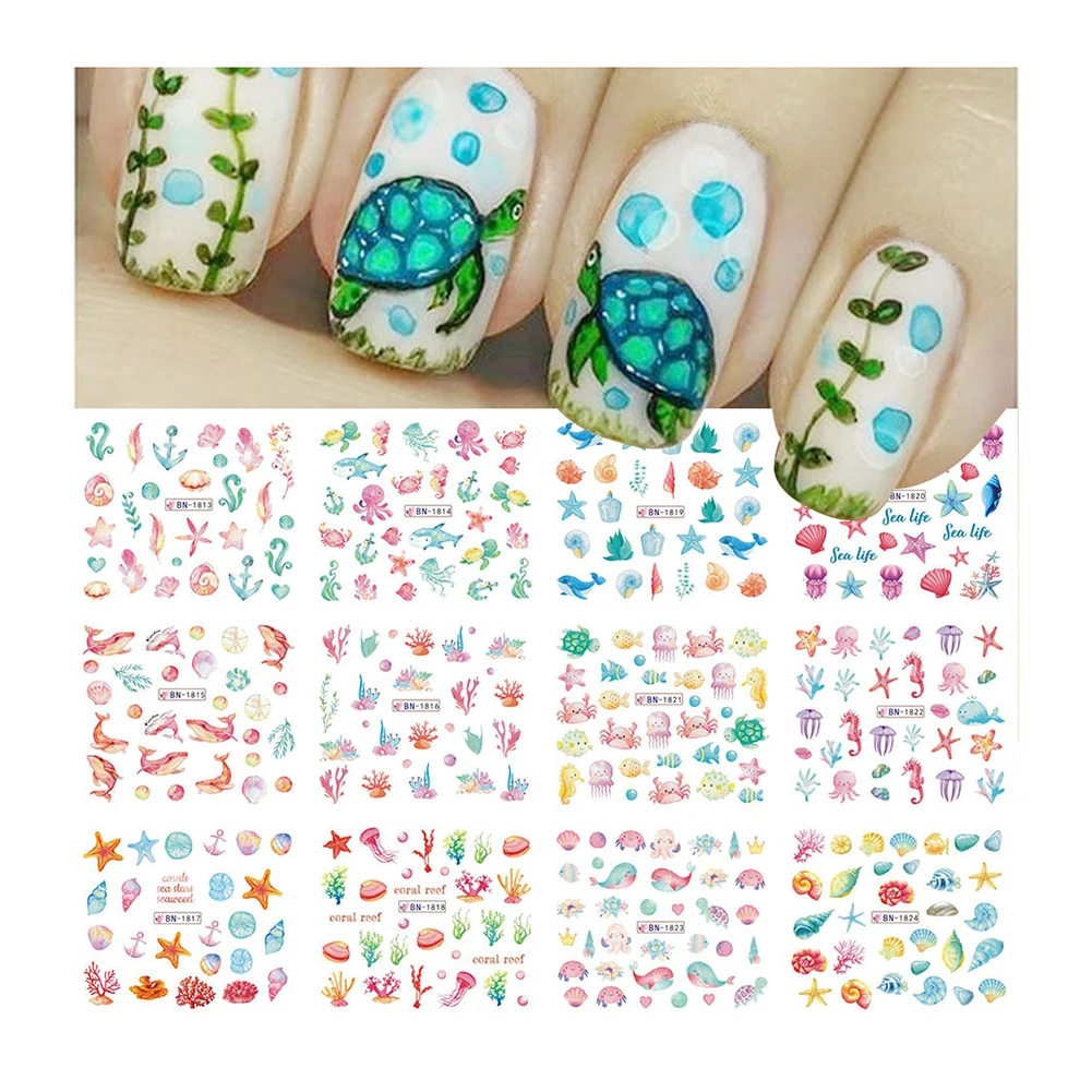 BeautyBigBang Nail Stickers Sea Turtle Starfish Octopus Coral Shark  Hippocampus Summer Nail Art Decorations Manicure Decals - AliExpress