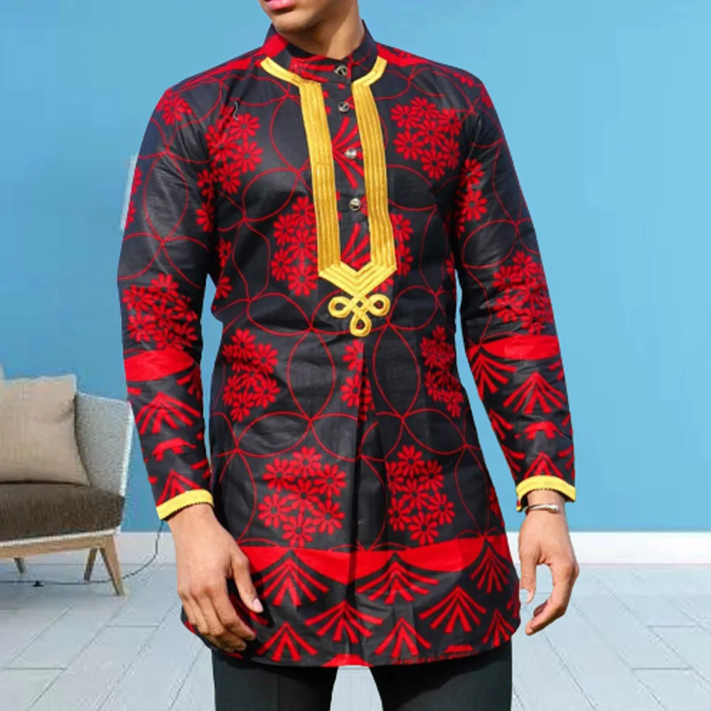 Dashiki Men's Suit African Traditional Clothing Embroidered Flower Top Shirt Trousers 2-Piece Set Ethnic Style Casual Outfits