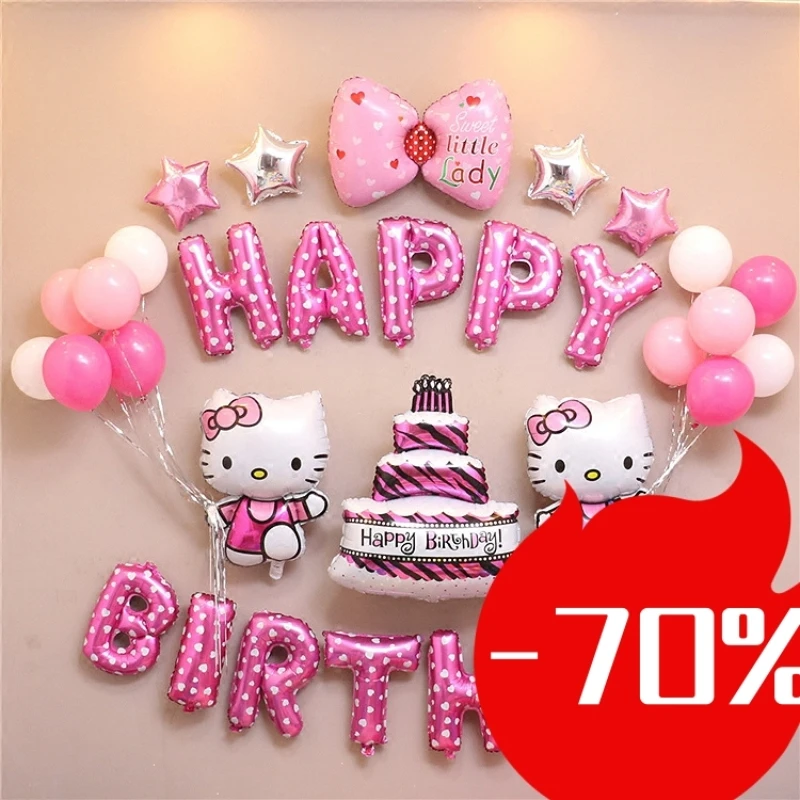 

Birthday party balloon decoration cute kitty cat birthday children theme scene layout room decoration kawaii girl gift