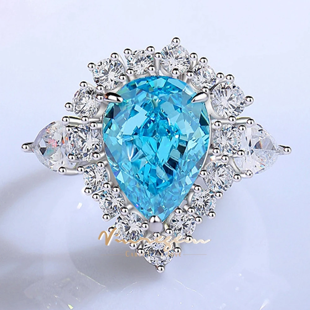 

Vinregem 10*14MM Pear Cut Aquamarine Sapphire High Carbon Diamond Gems Cocktail Party Ring for Women 925 Sterling Silver Jewelry