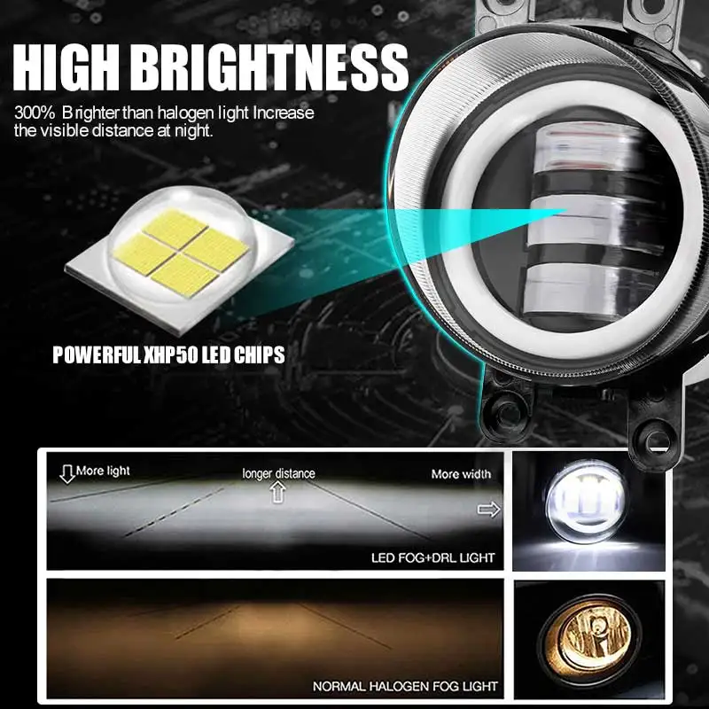DRL LED Fog Light with White Amber Angel Eyes Lens and Projector