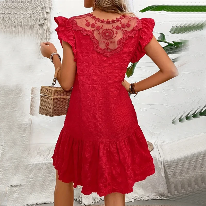 

New Summer solid Dress Ruffle Sleeve Mesh splicing Dress Mini Dress Women Sexy Pleated Beach Sundress Elegant red A-line dresses