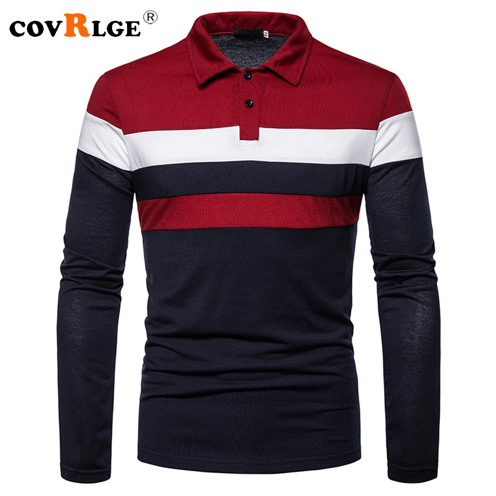 

Covrlge Autumn Men's Long Sleeve Contrasting Polo T-shirt Casual Polo Shirts Fitness Stitching Casual Top Lapel Men Clothing