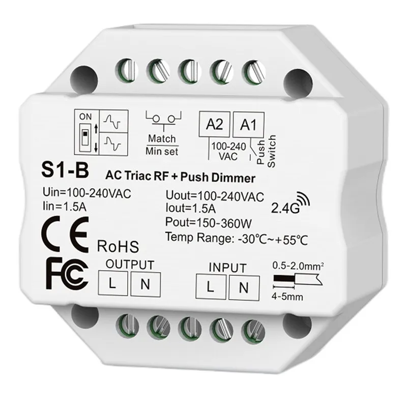 2.4G RF LED controller S1-B CH*1.5A RF + Push AC Phase-cut Dimmer S1-B(WT) WiFi & AC Triac Dimmer APP switch single color