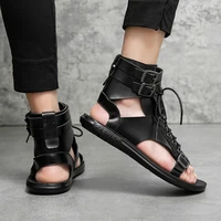 Sandales gladiateur en cuir pour hommes, chaussures romaines en liège, tongs de plage, bottes de rinçage, noir et blanc, marque de créateur, marche, été 4