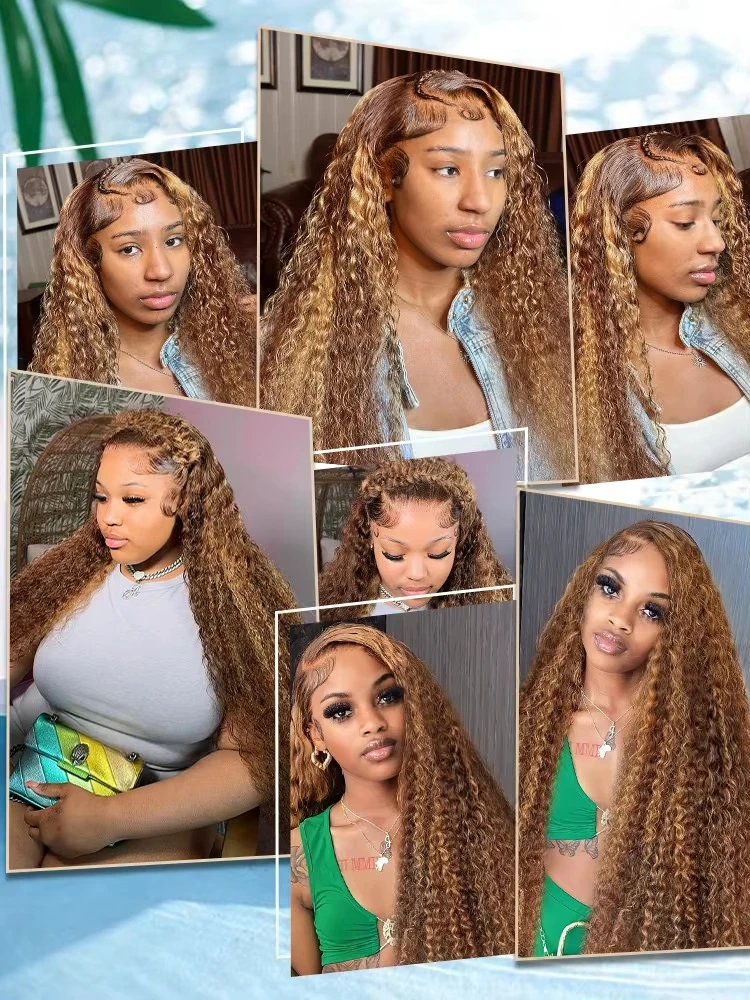 4/27 Highlight Ombre Deep Wave HD Lace Front Wigs Water Curly 30 40 Inch Brown 13x6 Color Lace Frontal Human Hair Wig Brazilian