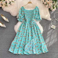 2026 Fashion New Summer Flower Print Long Dress Women Vintage Square Neck Ruched Chest Split  Sundress Party Vestidos - Image 3