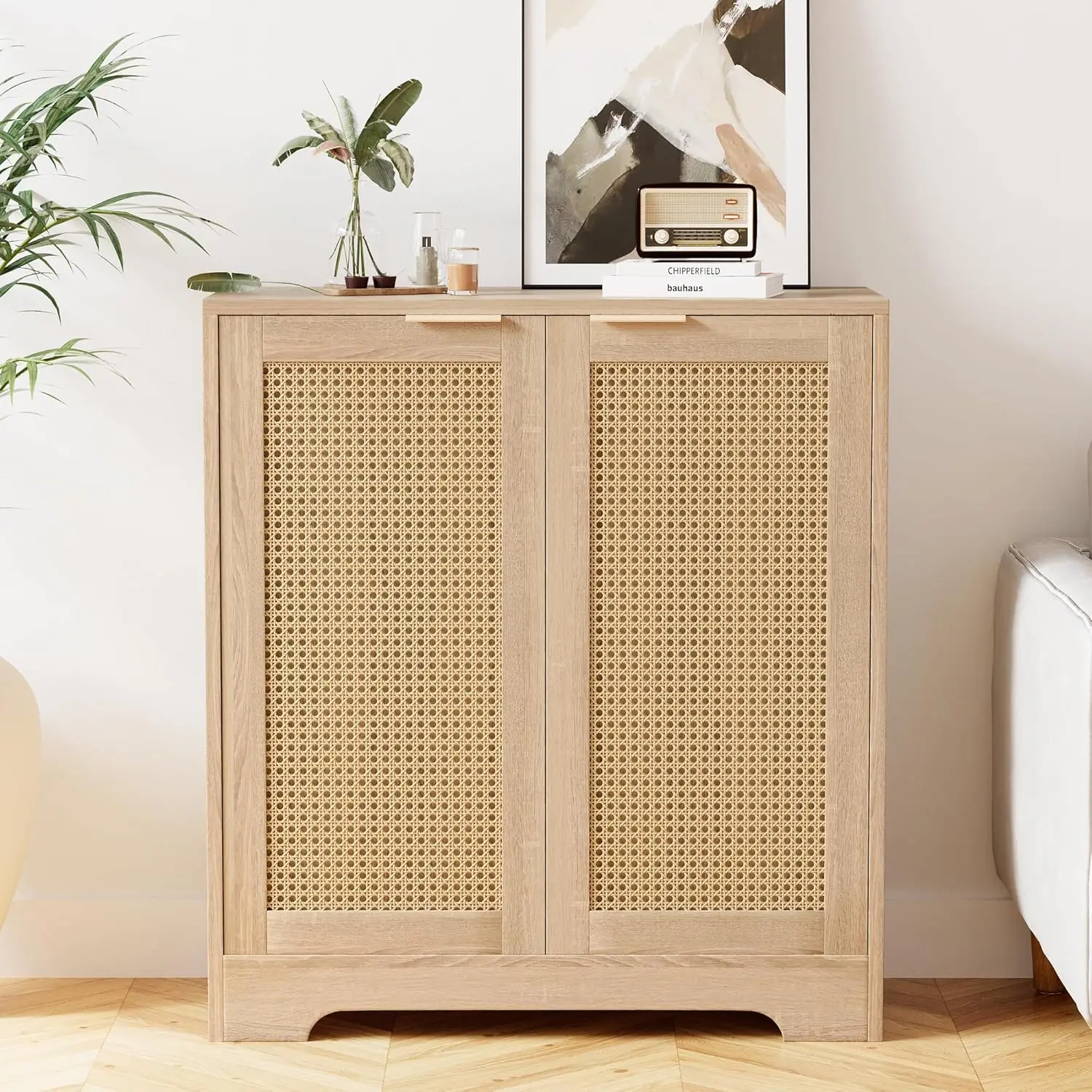 Buffet Bar Cabinet. Rattan Doors. TV Stand. Console Table. Adjustable Shelf. Dining Room, Living Room, Hallway. Beige.