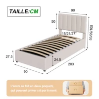 Lit simple rembourré Fangange 90x200cm, lit enfant avec sommier à lattes et espace de rangement, tête de lit réglable, lin, beige 4