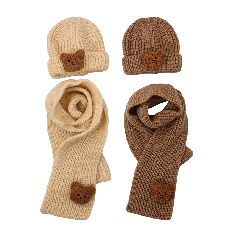 Cute Bear Children Hat Scarf Suit Autumn Winter Warm Knitting Cap for Girls Boys Korean Beanie Hats Scarfs Kids Accessories 1-6Y