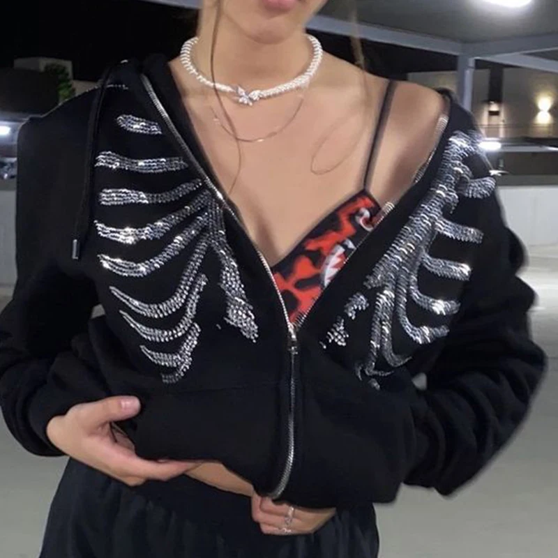 Rhinestone Skeleton Zip Up Oversized Sweatshirts Y2K Tops 2023 Autumn Retro Goth Hoodies Women Grunge Hooded Jacket Streetwear