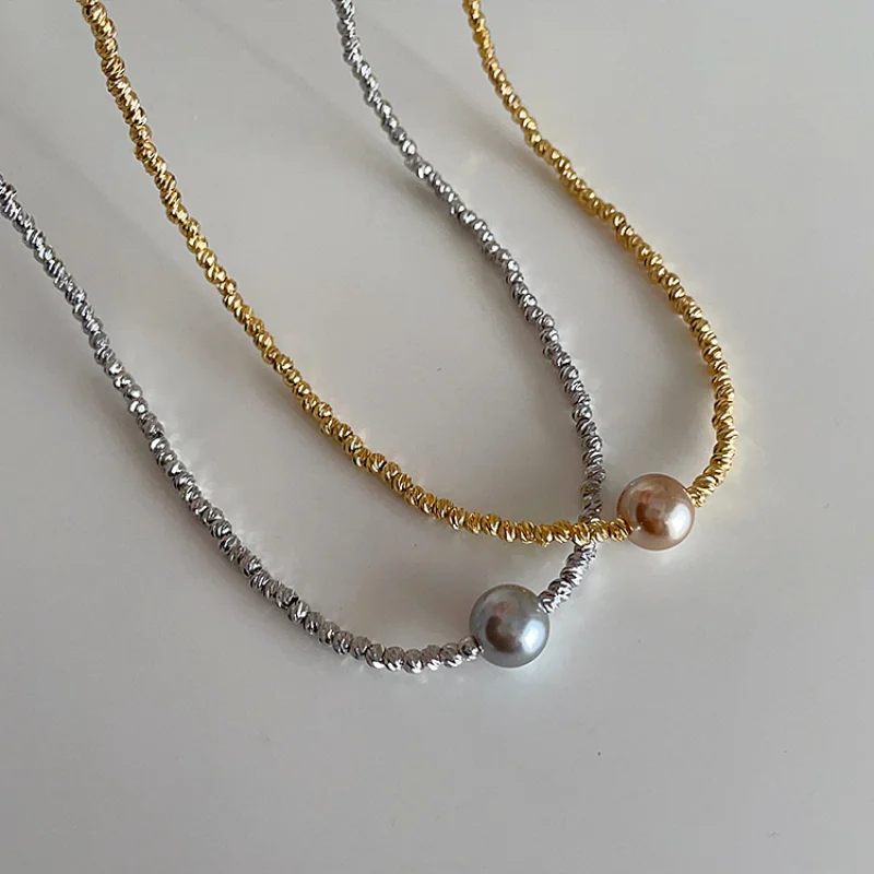 

ALLNEWME Luxury Grey Champagne Round Pearl Pendant Necklaces Gold Silver Twisted Chain Strand Necklace Women Wedding Jewelry
