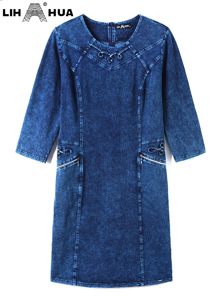 LIH HUA Women's Plus Size Denim Dress Autumn Chic Elegant Dresses For Chubby Women Round Neck Cotton Knitted Dress
