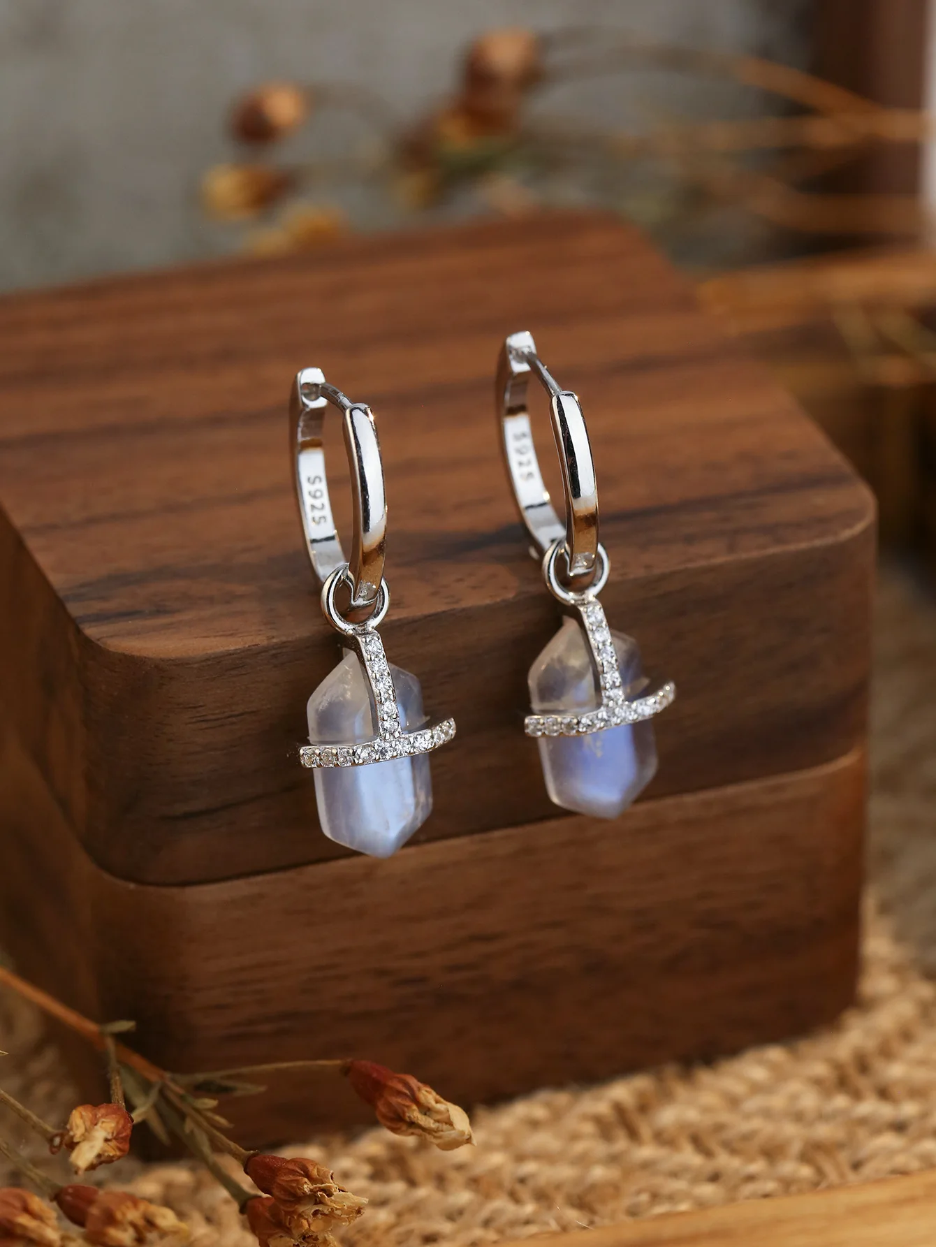 

2024 Hot Selling S925 Silver Hexagonal Diamond Moonlight Stone White Gold Long Earrings in Europe and America Fashion Earrings