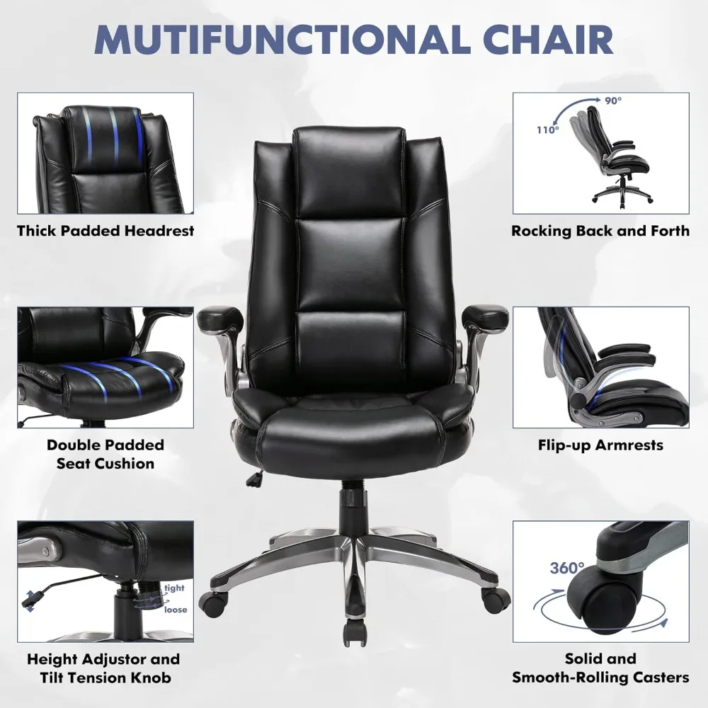 Ergonomic Office Chair with Flip-Up Arms, Adjustable Tilt & Lumbar Support - High Back Rolling Desk Chair for Home Office
