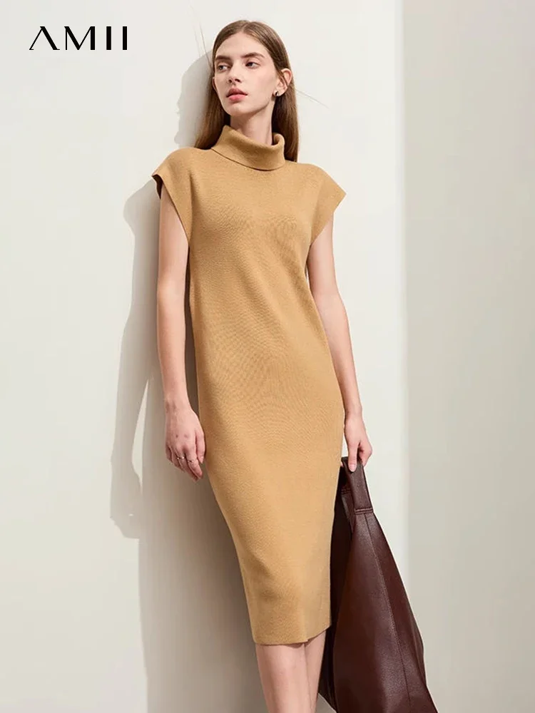 

AMII Minimalist Women's Knit Dresses Winter Commuter Elegant 2023 New Turtleneck Soft Knitwear Flying Sleeve Lady Dress 12354057