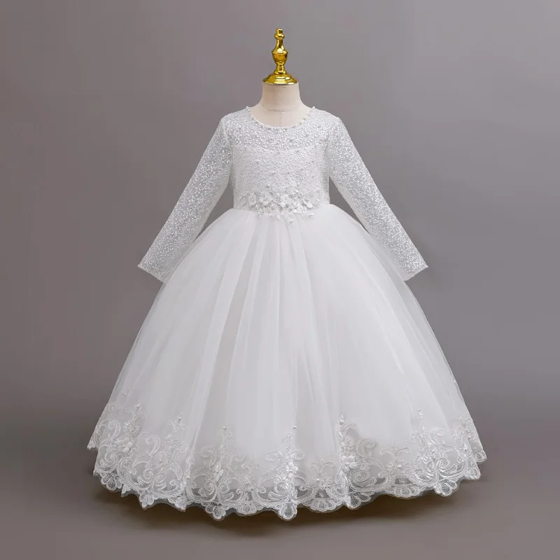 Children's Embroidered Party Evening Dress 3-12 Years Old Lace Long Sleeve White Wedding Long Princess Dress for Girls 3
