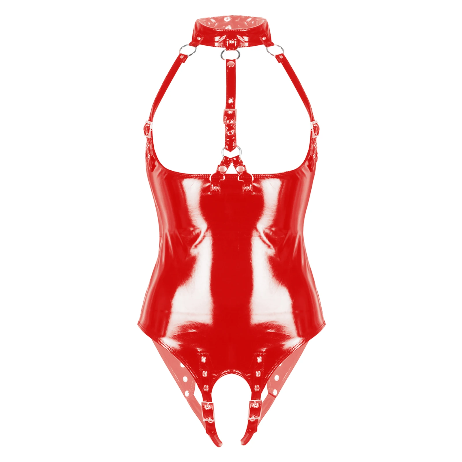 

Womens Lingerie One-piece Wet Look Patent Leather Teddies Costume High Neck Open Breast Crotchless Lace Trimmed Leotard Bodysuit