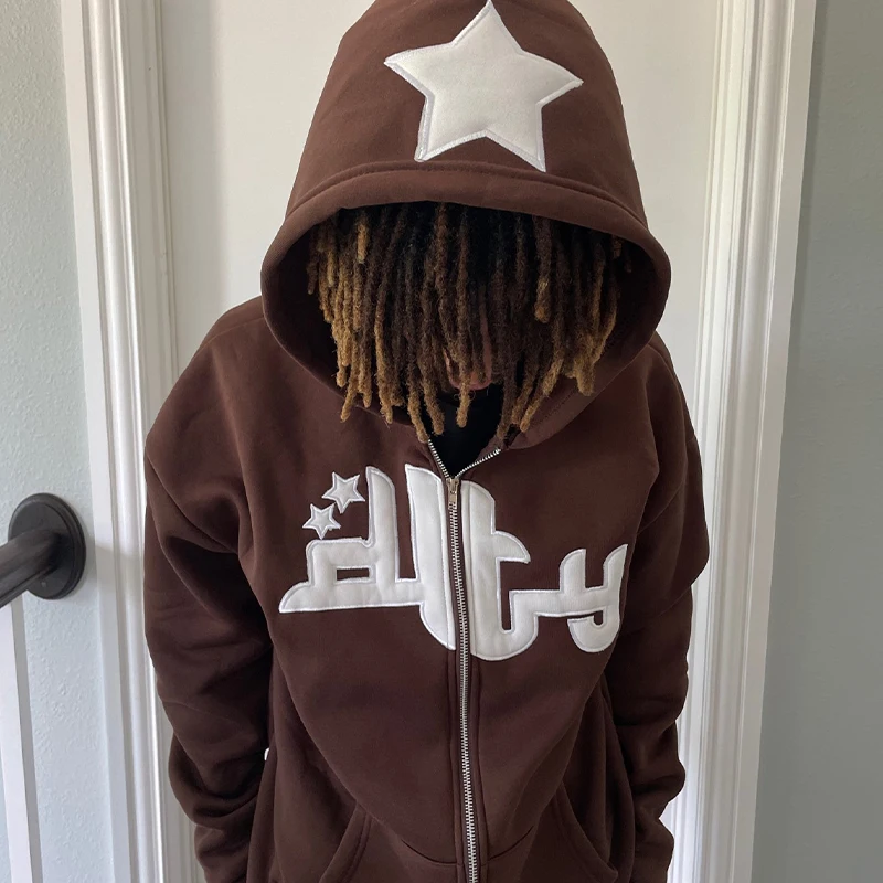 

Men Star Letter Print Hoodie Fashion Zip Up Long Sleeve Oversized Jacket Coat Harajuku Gothic Hooded Sweatshirt Y2K Teen Clothes