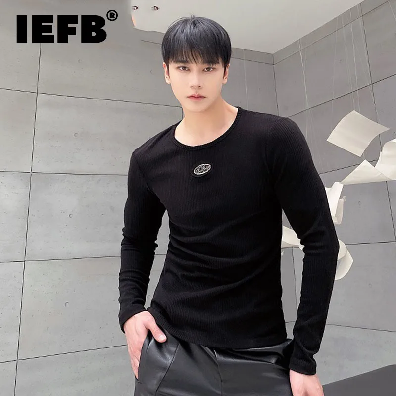 

IEFB Fashion Niche Design Round Neck Long Sleeved Men's Tshirt Personality Solid Color 2023 Korean Fashion Male Tops 9A6757