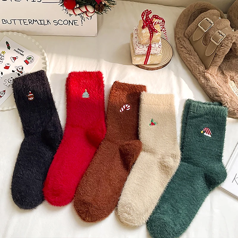 Cartoon Pattern Faux Mink Velvet Socks For Women Winter Soft Fleece Plush Warm Home Sleep Socks Christmas Furry Thermal Socks
