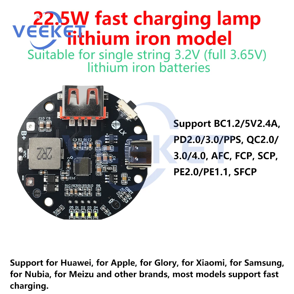 Circuito della banca di potere a ricarica rapida bidirezionale ad alta potenza da 22,5 W con USB tipo C PPS/PD3.0/PD2.0 per fai da te