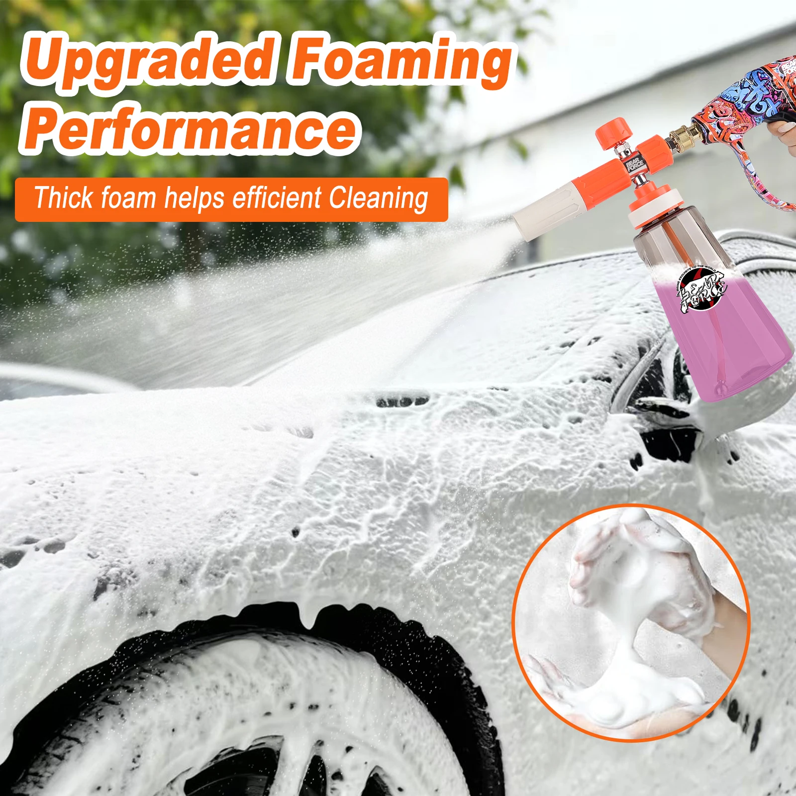 압력 세척기용 업그레이드된 폼 캐논(1/4인치 퀵 커넥터, 360도 회전) ° 조절 가능한 스프레이 노즐, 1L 폼 캐논 비누 디스펜서
