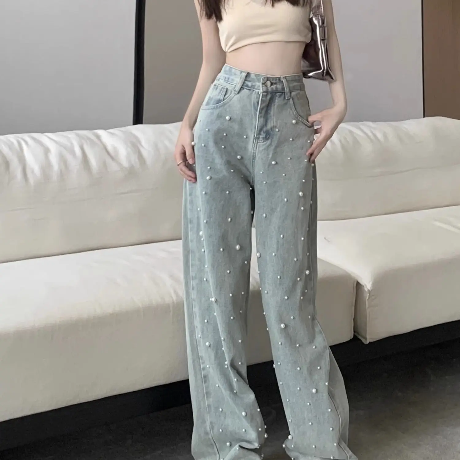 Women's Jeans High Waist Straight Blue Beaded Pearls Denim Pants Spring Autumn Chic Streetwear Design Baggy Jeans Women Clothing - 3