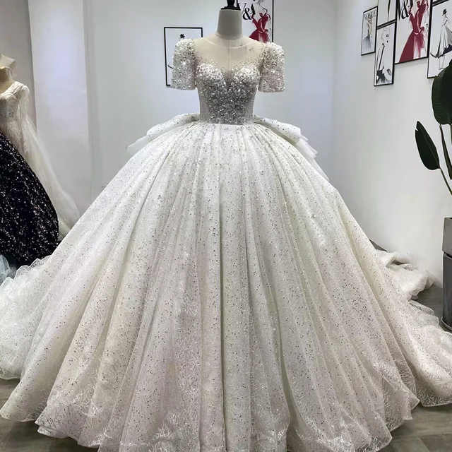 Jancember International Wedding Gown For Bride 2024 Ball Gown Short Sleeves Sequins Illusion O-Neck Vestido De Novia WM35 3