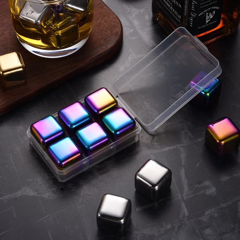 Stainless Steel Ice Cubes Set Reusable Chilling Stones Vodka Whiskey Wine Beer Cooling Rock Party Bar Tool 4/6Pcs