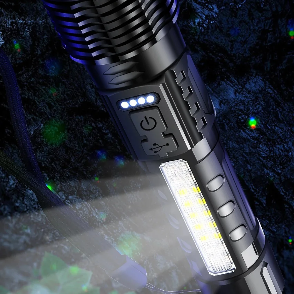 강력한 야외 LED 손전등 방수 18650 토치, 측면 조명 포함, 캠핑 낚시 랜턴, USB 충전식 줌, 7 가지 모드