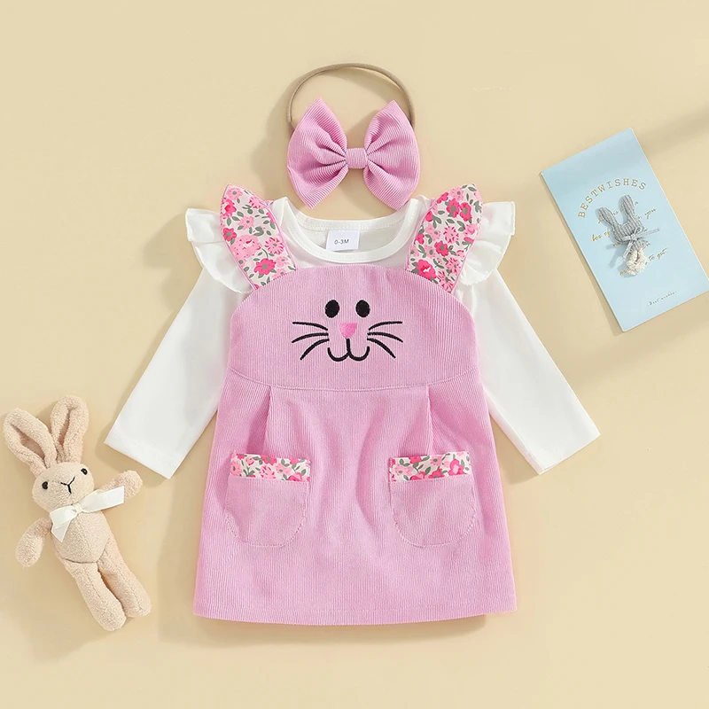 

0-18M Newborn Infant Baby Girls Easter Outfits Long Sleeve Romper and Bunny Corduroy Dress Cute Headband 3pcs Spring Clothes