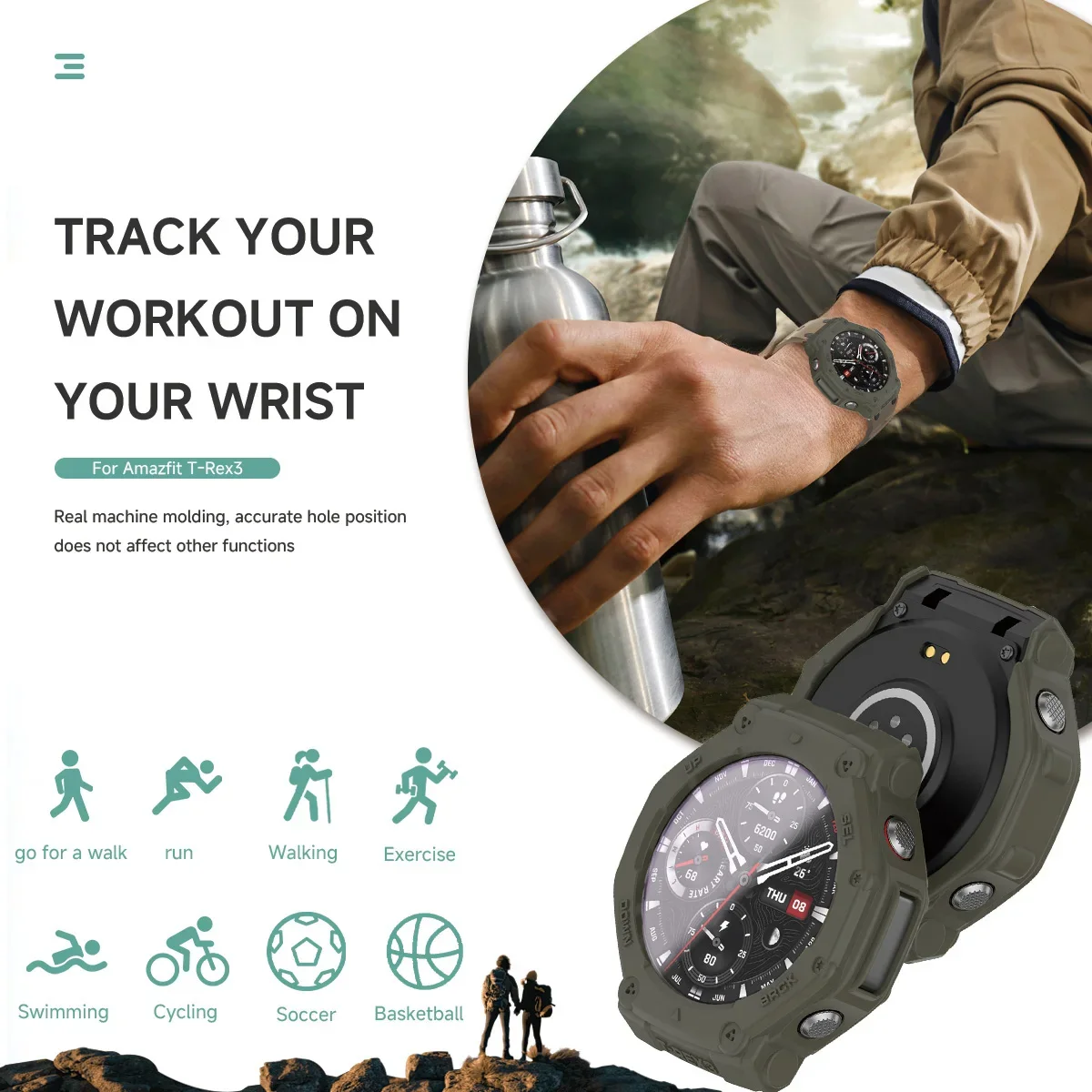 Amazfit T-Rex 3 용 유리 + 케이스 스크래치 방지 화면 보호기 강화 유리 필름 + 범퍼 실리콘 보호 커버 액세서리