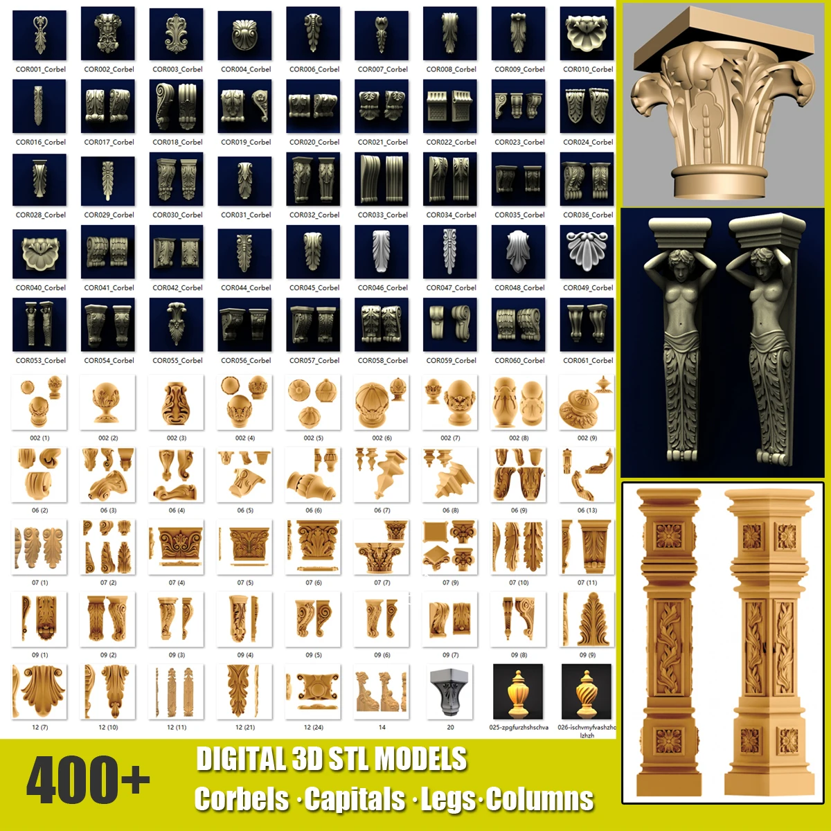 router woodworking 400+ 3D Model STL File Corbels Capitals Column and Legs Bundle for 3D Printing, CNC Engraving Support ZBrush Artcam Aspire Cut3d wood locator Woodworking Machinery