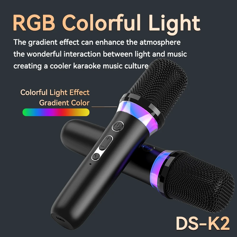 VAORLO DS-K2 가라오케 컴패니언 Bluetooth 5.3 무선 이동 코일 마이크 RGB 다채로운 빛 KTV DSP 믹서 시스템 유선 스피커/자동차 키트/PC/TV/전화용 3.5MM AUX Type-C