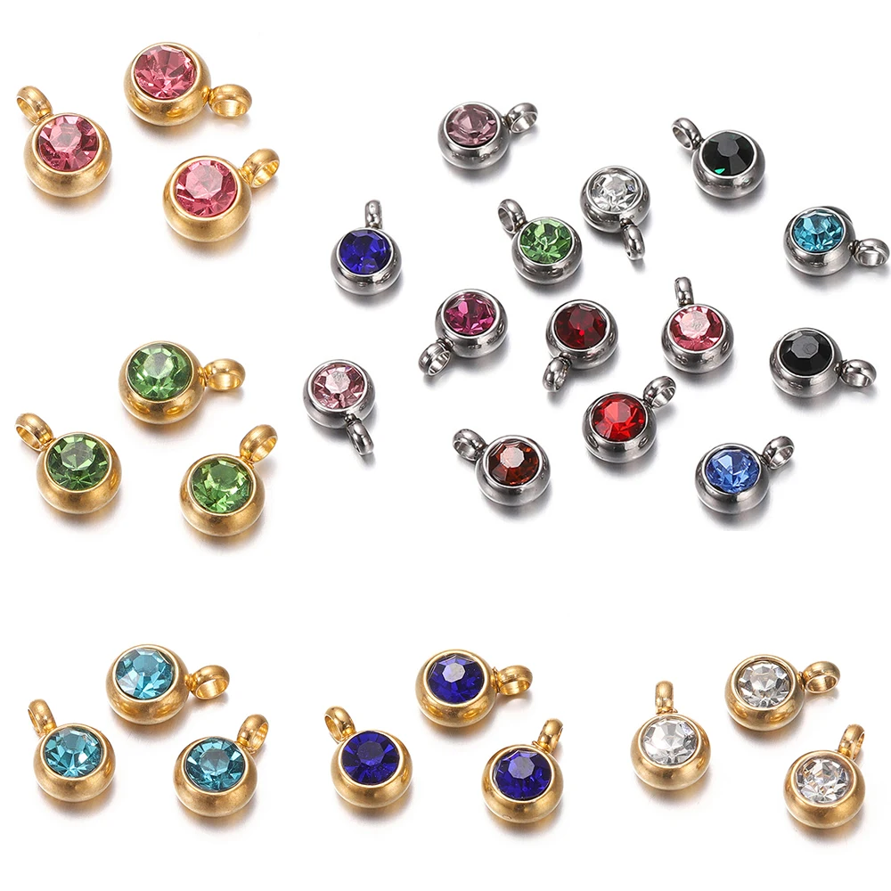 

10Pcs 6mm Stainless Steel Birthstone Necklace Pendant Jewelry Making Rhinestone Charms For Women Earrings DIY Accessories Gift