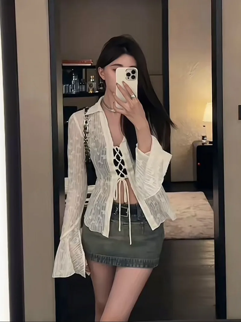 여성 용수철 플레어 소매 쉬폰 셔츠, 레이스업 재킷, 섹시 슬림핏 가디건, 청순 섹시 패션, 여성 의류