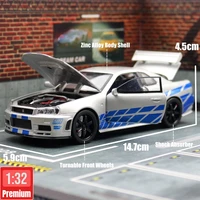 1/32 Nissan Skyline GTR R34 JDM Toy Car Model Diecast Vehicle Miniature Sound & Light Pull Back Collection Gift Children Boy 2