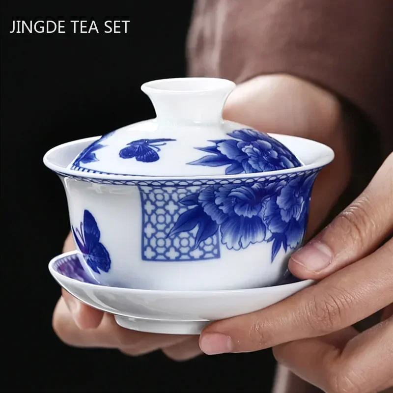 Tea Set Jingdezhen White Porcelain Gaiwan Tea Cup Blue and White Porcelain Tea Maker Ceramic Handpainted Bowl Set Supplies