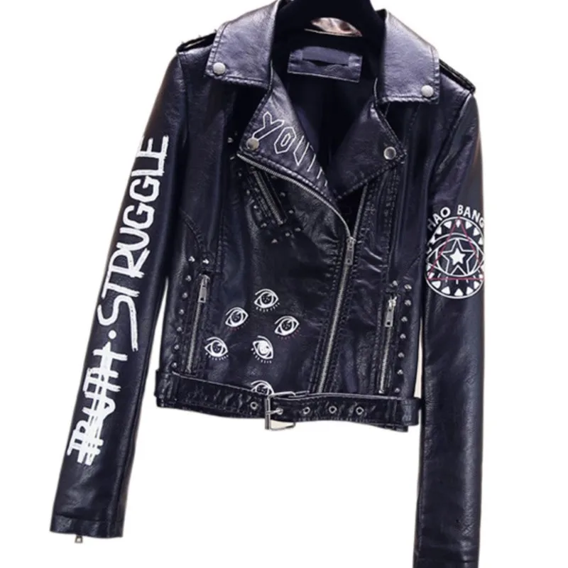 punk-style-lapel-women's-pu-leather-jacket-shoulder-badge-belt-printed-motorcycle-jacket-leather-rivet-short-jacket