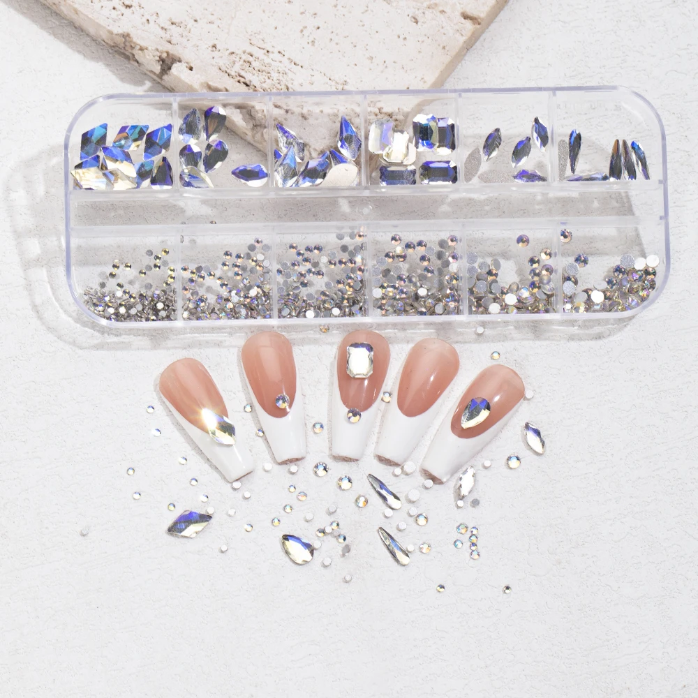 

12 Grids Luxurious Sparkling Glass Rhinestone Nail Charms Crystal Gemstones DIY Nail Decoration Accessories