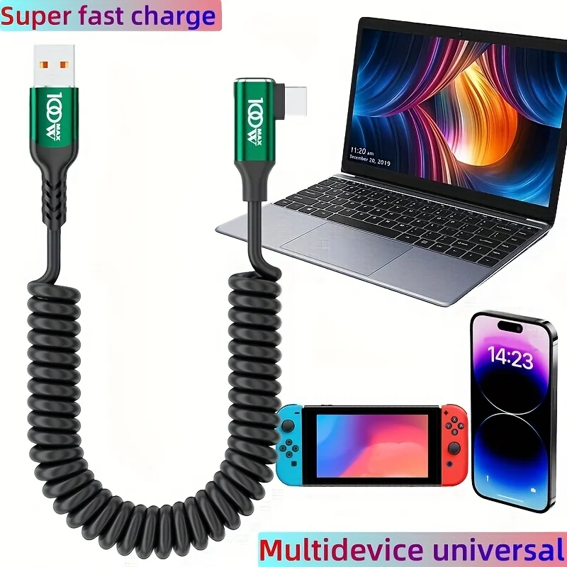 High-Speed Right-Angle Coiled USB-A to Type-C Car Charging Cable, 5-Foot Length