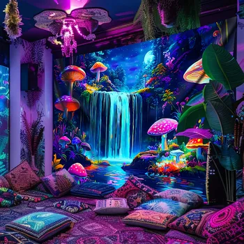 Tapisserie fluorescente cascade de champignons magiques, tapisserie murale suspendue pour entrée dans le RealmU magique, décoration de fête à domicile pour chambre à coucher 1